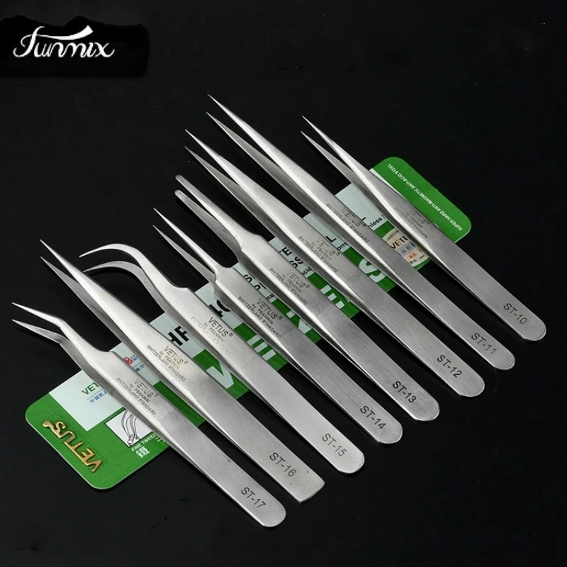 100%VETUS ST Series Stainless Steel Tweezers False Eyelash Extension Tweezers Anti-static Eyebrow Tweezers watchmaker tools