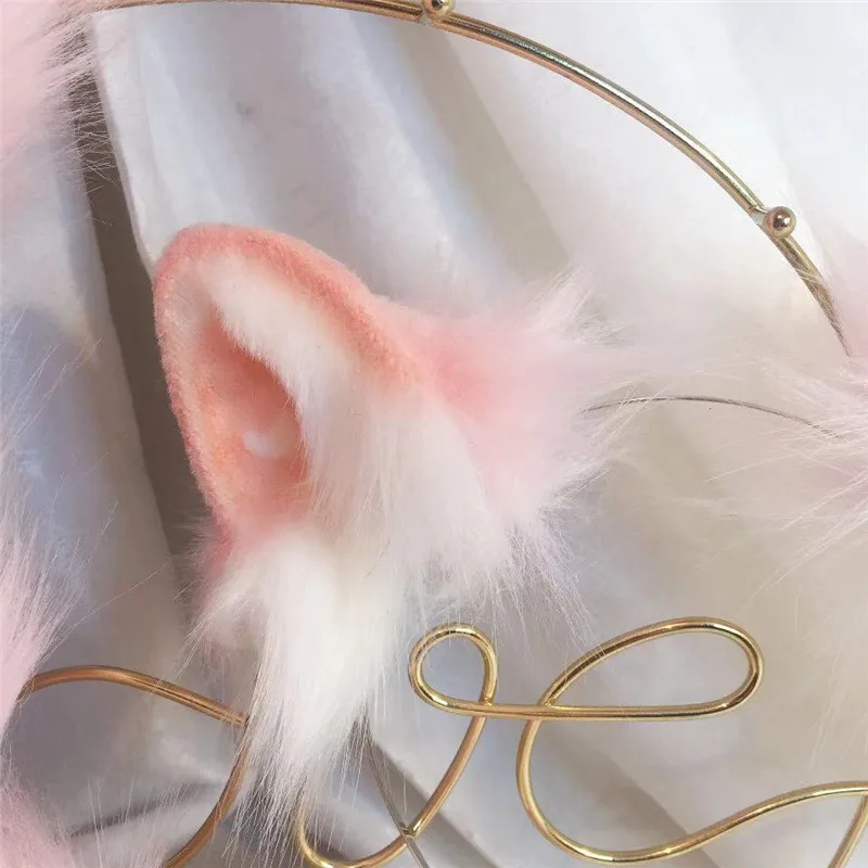 Handgemaakte Werk Nieuwe Roze Kat Oren Hairhoop Staart Hoofddeksels Beast Cosplay Kostuum Accessoires Voor Meisje Vrouwen