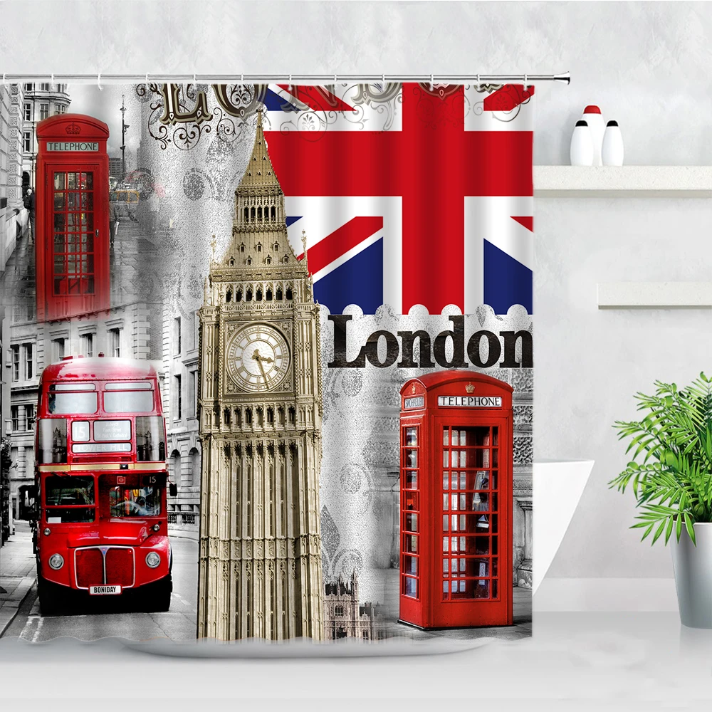 London Street View Shower Curtains Big Ben Red phone Booth Bus Printing Retro Wall Decor Cloth Screen Hooks Bathroom Curtain Set