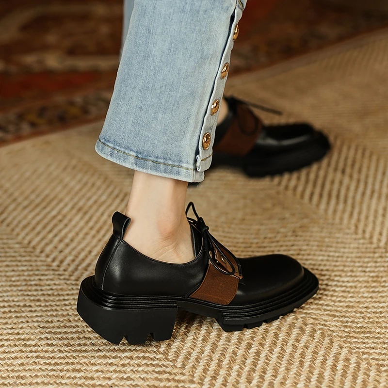 Lace-up Black Women Shoes 2022 New Genuine Leather Shoes Woman Heels Working Thick Botton Square Toe Women Shoes Shoes for Women