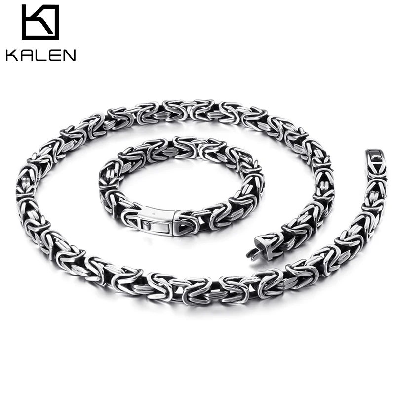 

KALEN Stainless Steel 60cm Byzantine Chain Necklace & Bracelet Set Men Punk Heavy Chunky Statement Choker Bangle Jewelry Sets