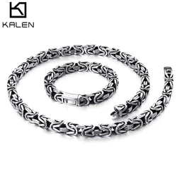 KALEN Stainless Steel 60cm Byzantine Chain Necklace & Bracelet Set Men Punk Heavy Chunky Statement Choker Bangle Jewelry Sets