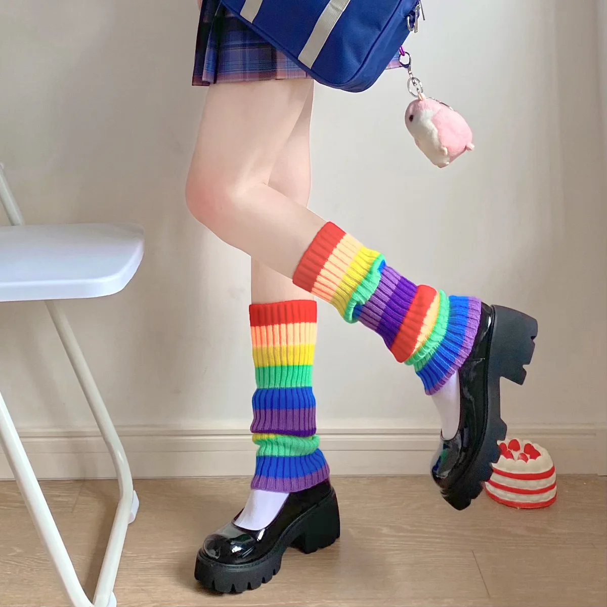 Funny Colorful Rainbow Leg Warmers For Women Acrylic Punk Style Black Cool Girl Autumn Winter Knee Socks Thigh Protector