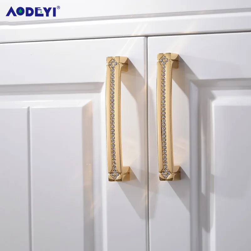 Cabinet Pulls 24K Real Gold Crystal Drawer Diamond Wine Wardrobe Decotation Sliver Furniture Knobs Dresser Pull Handle 128/160MM