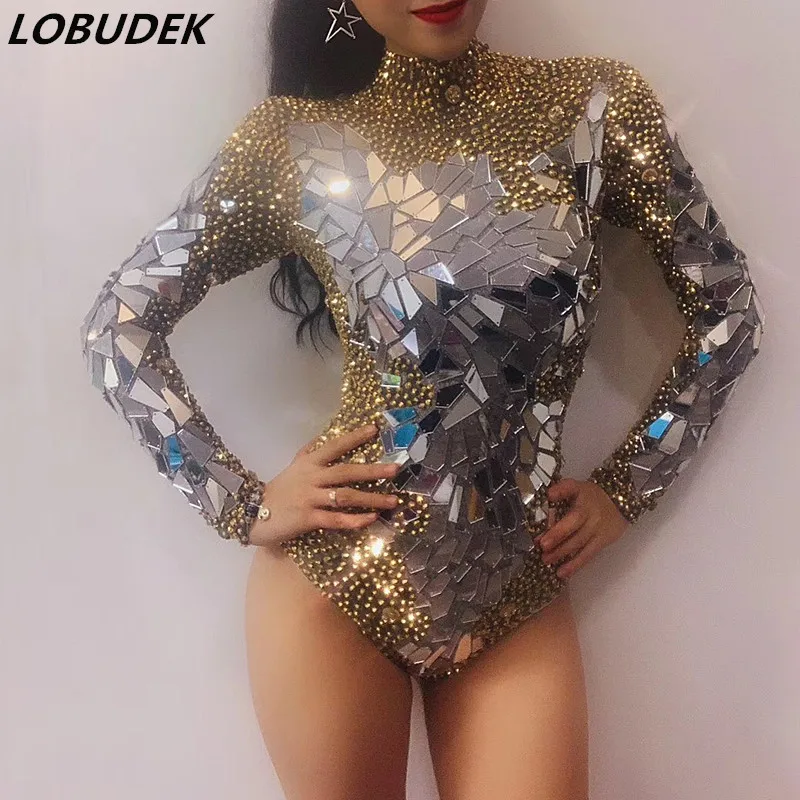 Gold Silver Rhinestones Mirrors Bodysuit Nightclub DJ Female Singer Dance Costume Sexy Elastic Crystals Catsuit Party Stage Wear