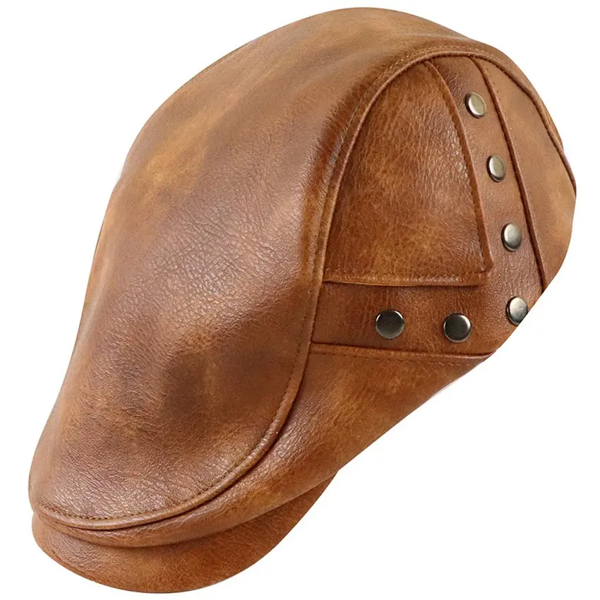 JNKET Autumn Winter Washed PU Leather Men's Rivet Flat Cap Warm Duckbill Cap Outdoor Windproof Waterproof Cap Casquette