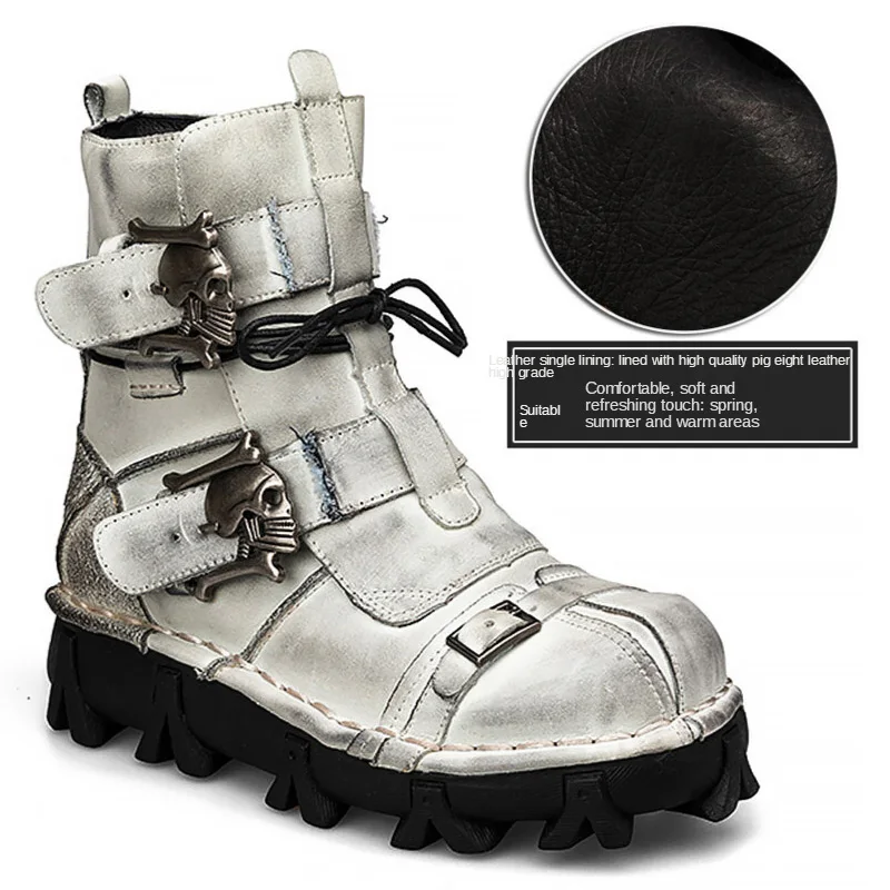 Genuine Leather Motorcycle Boots Buckle Lace Up Round Toe Platform Boots Winter 2023Thick Bottom Short Boots Skull Boots for Men