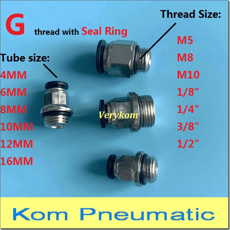 10X Verykom Pneumatic Male Straight Air Fittings 6mm 8mm 10mm Tube Push In 1/8 1/4 G Thread With Seal Ring POC PC6-02 PC8-01 M5