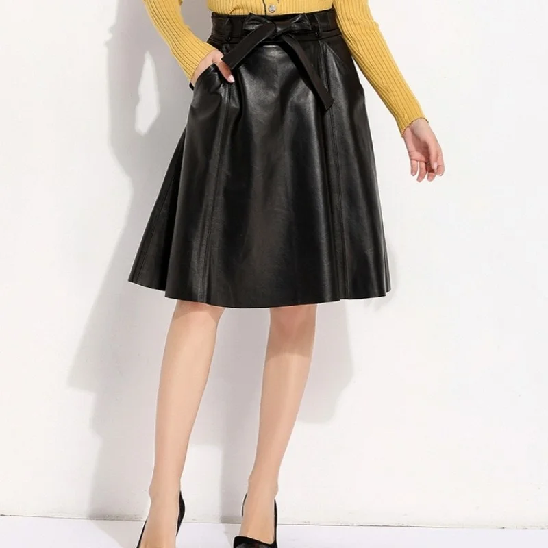 Ladies Elegant High Waist Bow Sheepskin Genuine Leather Skirt Women Vintage Knee Length A-Line Natural Leather Mid Skirts 4XL