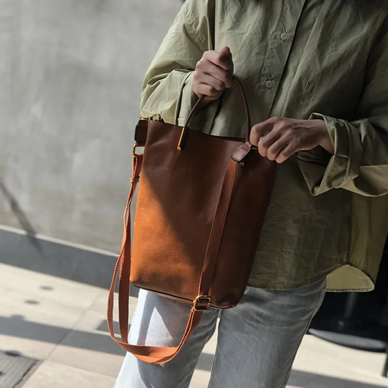 Bucket Genuine Leather Women Bag New Retro Nature Soft Cowhide Handbag Versatile Designer High Quality Shoulder Bags