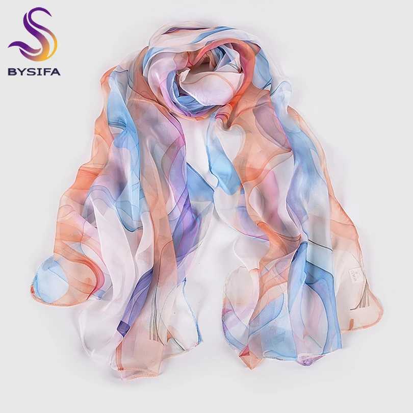 [BYSIFA] Chiffon Pure Silk Ladies Scarf 2020 New Design Long 100% Silk Shawl Scarf Women Blue Purple Thin Silk Scarves Echarpes