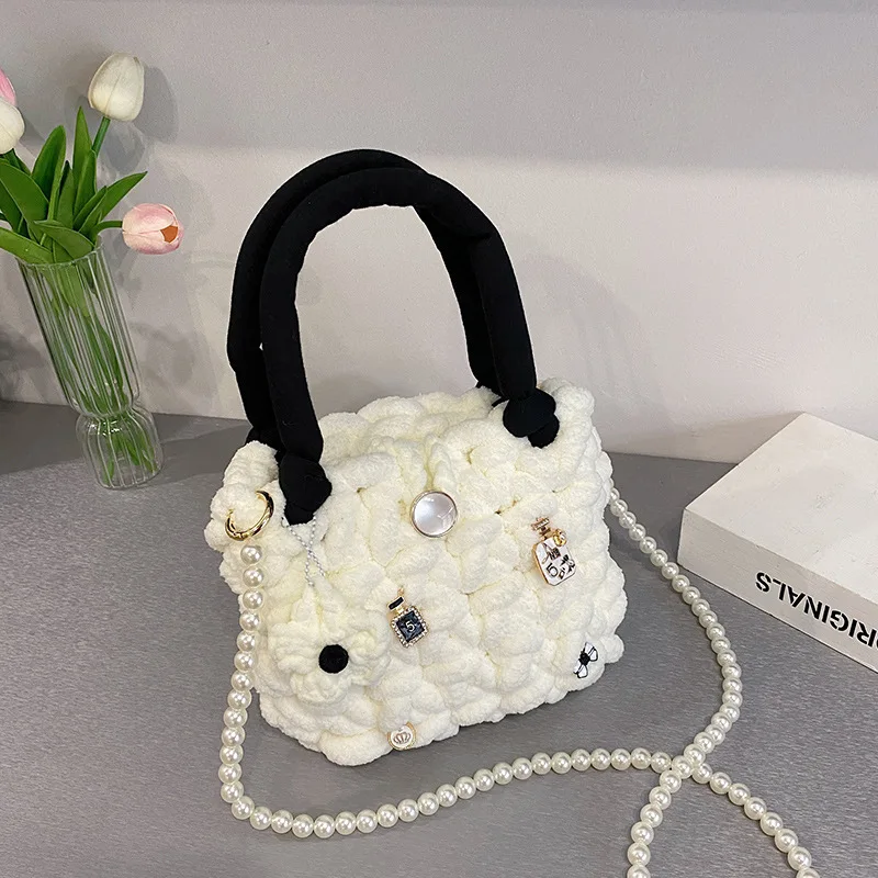 Pearl Fashion Bag 2022 Girls DIY Woven Cotton Candy Cloud Messenger Bag Small Purses and Handbags for Kids