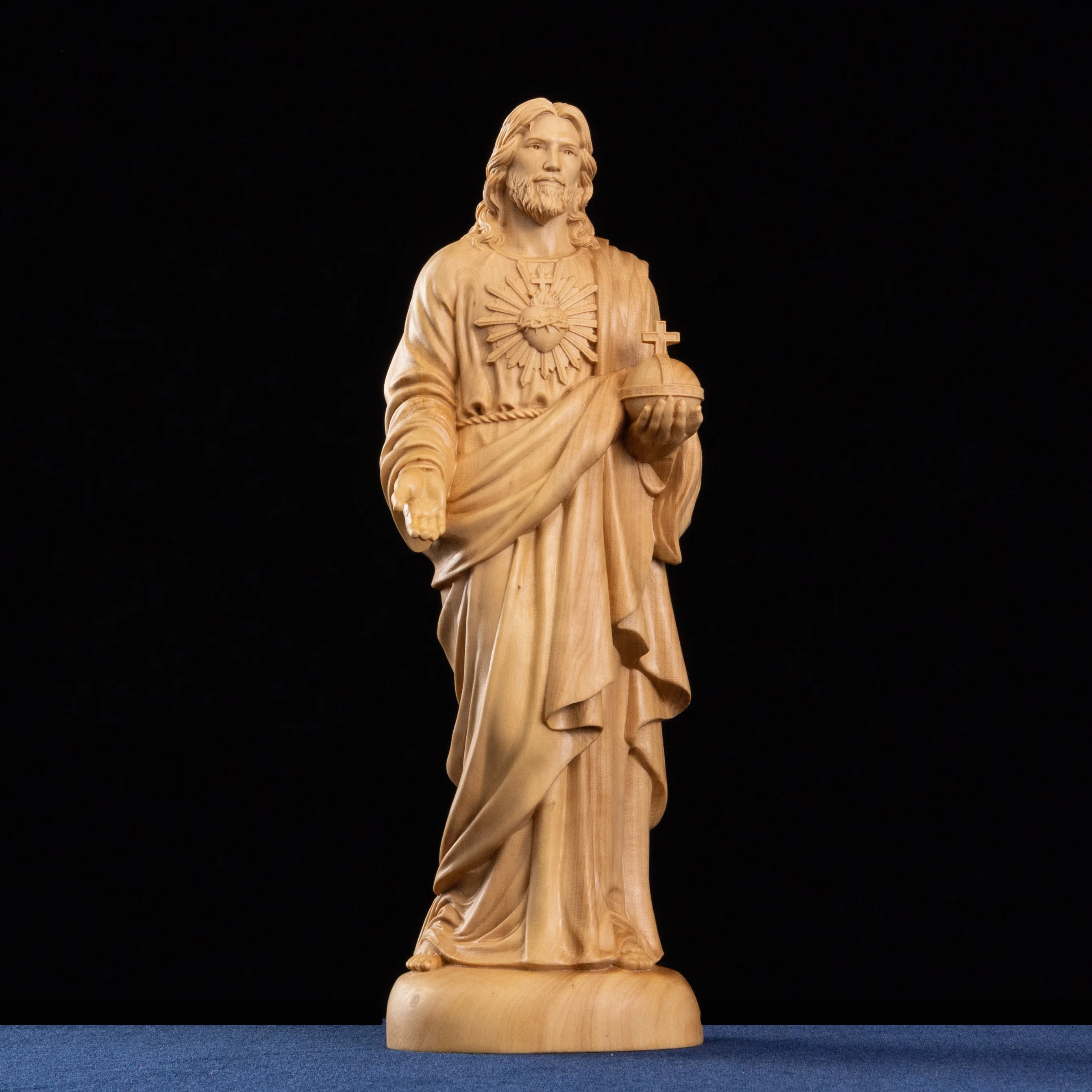 Boxwood Jesus Sculpture with Cross, Exquisite Hand-Carved Church Statue for Home Decoration