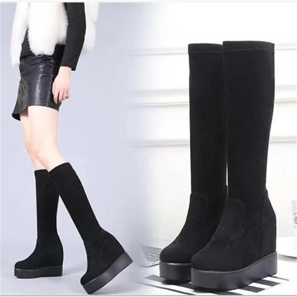 High Tube Boots Women 2024 New Flock Rear Lace Up Knight Booties Thick Bottom Shoes Inner Increase Elastic Fashion Boots Black