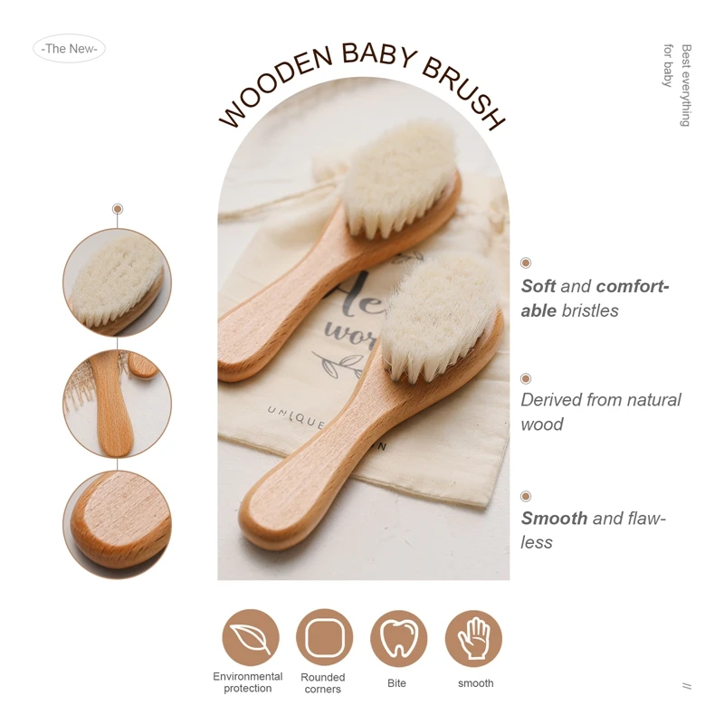 Cepillo de pelo de lana suave de madera Natural para bebé recién nacido, masajeador de cabeza infantil, cepillo de baño portátil, peine para niños y