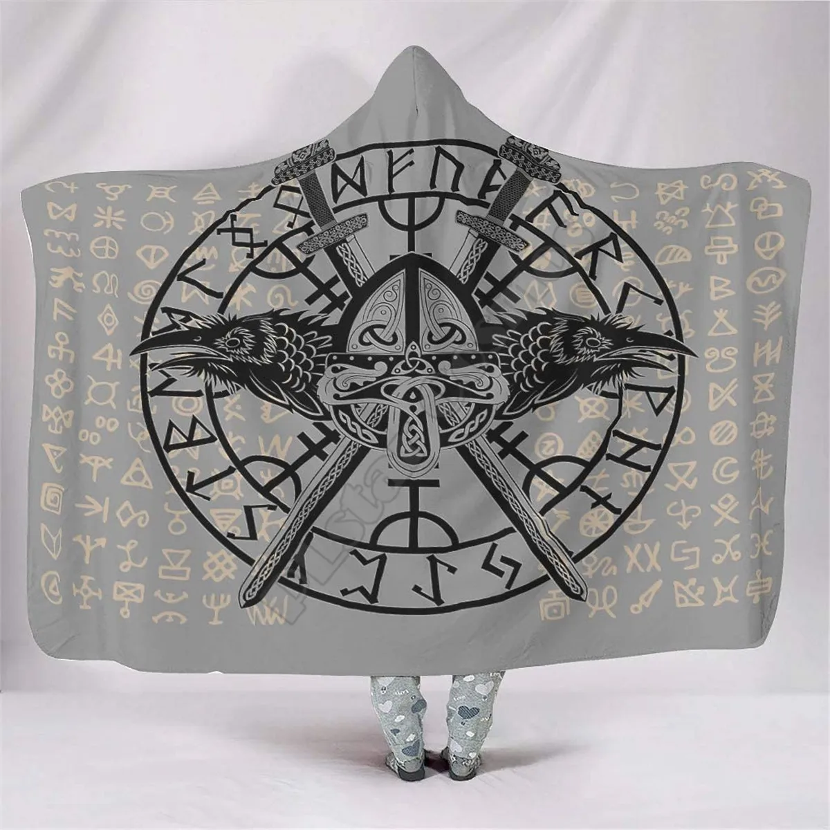 

Viking Tattoo 3D Printed Hooded Blanket Adult child Sherpa Fleece Wearable Blanket Cuddle Offices in Cold Weather Gorgeous 02