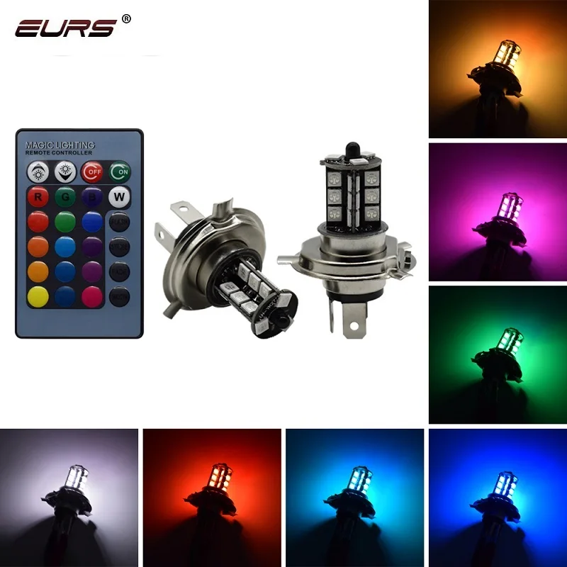 EURS H4 H11 H7 RGB LED Auto Motorcycle Headlight 5050 LED 27 SMD Fog Light H1 H3 21smd LeadLamp With Remote Control Car Styling