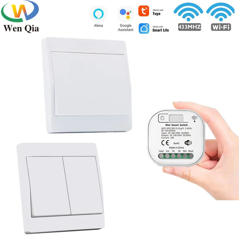 16A Tuya WiFi Smart Light Switch and Wireless Self Powered Kinetic Wall Switch Supports 2 way Remote Control Timing Module 220V