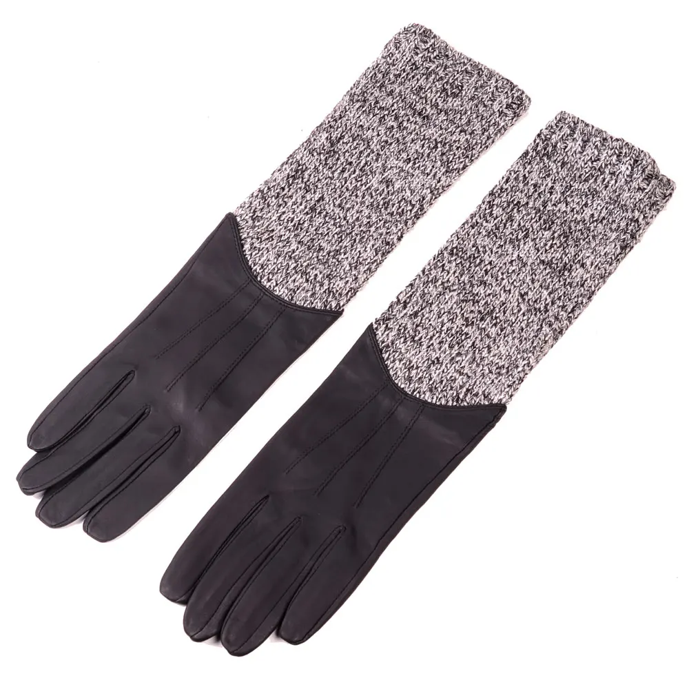 Women Long Gloves 2024 Winter European And American Fashion Female Genuine Leather Luvas Mujer Knitted Wool Sleeve Arm Cover