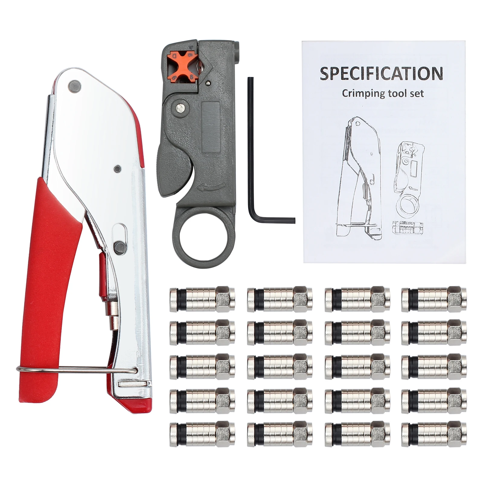 JUSTOOL Heavy Duty Crimping Tool Double Blades Coax Cable Stripper Cutter + 20PCS Crimp Connector F-Type Crimping Hand Tool Kit