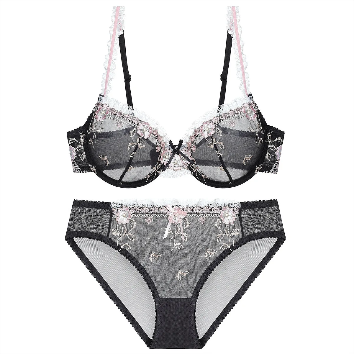 Sexy Lingerie Exquisite Embroidery Lotus Ultra-thin Sexy Large Size Lingerie Ladies Lace Transparent underwear bra set
