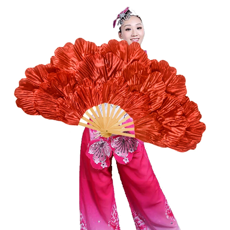 Peony Petal Square Dancing Fan Bright Cloth Double Side Yangko Dance Fan Ladies Hanfu Cheongsam Props Portable Folding Hand Fans