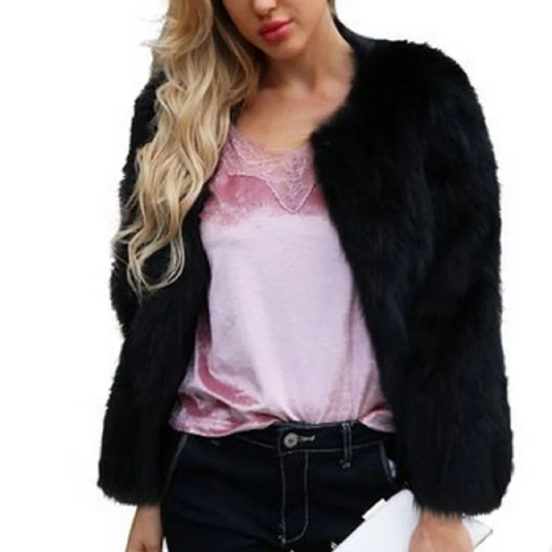 Pure Black Short Faux Fur Coat Women Casual Long Sleeve O-Neck Outerwear Autumn Winter Warm Plush Jacket Fashion Streetwear