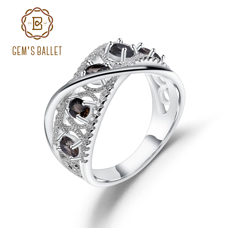 GEM'S BALLET 0.84Ct Natural Smoky Quartz Gemstone Rings Jewelry Real 925 Sterling Silver Split Band Ring For Women Anniversary