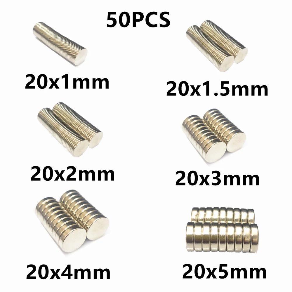 

Круглый неодимовый магнит N35, 50 шт., 20x1 20x2 20x3 20x4 20x5, Постоянный NdFeB, супермощные магниты 20*2 20*3 20*5