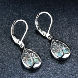 Elegant Silver Life Tree Filled White Simulated Opal Hoop Earring Bridal Gift