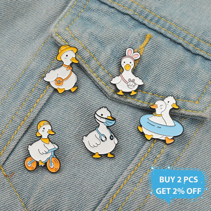 Cute Funny Duck Enamel Pins Cool Duckling Ride Bicycle Metal Brooches Backpack Decorative Lapel Badge Gift for Friends Wholesale