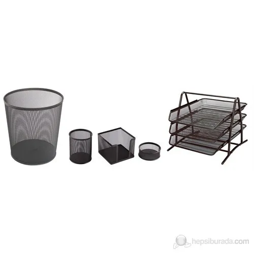 Metal Office Set 5 Pcs Black (Letter Shelf 3 Pcs + Garbage Bucket + Pen Holder + Küpnotluk + Ataşlık)