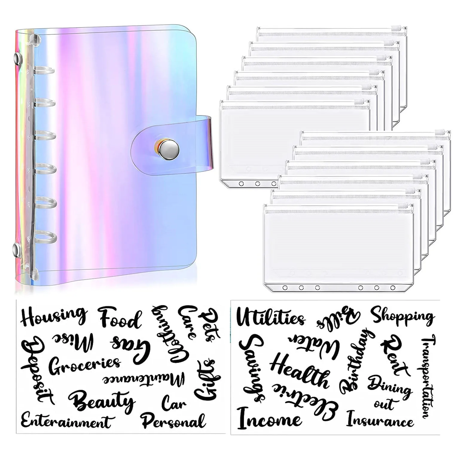 A7 Mini 6-Ring PVC Binder Cover with 12 Pcs Binder Pockets and 2 Sheets Cash Envelope Sticker for Planner Saving Money Budgeting