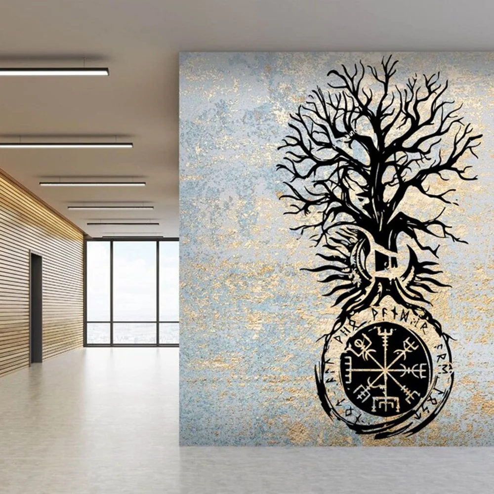 Retro The Inscriptions Of The Ancient Vikings Yggdrasil Tree Wall Sticker Office Bedroom Moon And Sun Wall Decal Living Room Vin