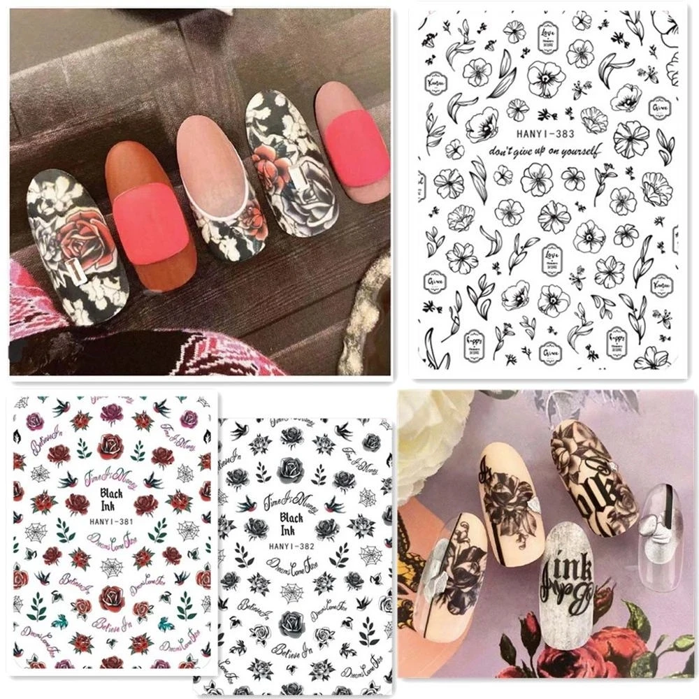 

Newest Red Black Flower Design 3D Self Adhesive Back Glue Decal Slider DIY Decoration Tools Nail Stickers HANYI 381 382 383