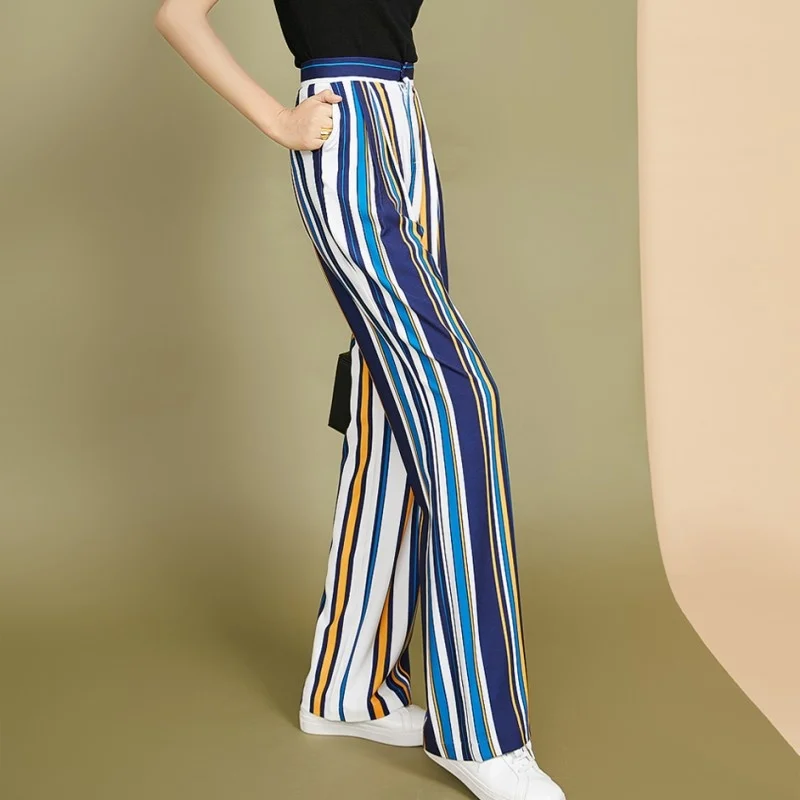 

Thin Summer Section Women Multicolor Striped Suit Pants Fashion Office Ladies Loose Wide Leg Pants Loose Casual Long Trousers