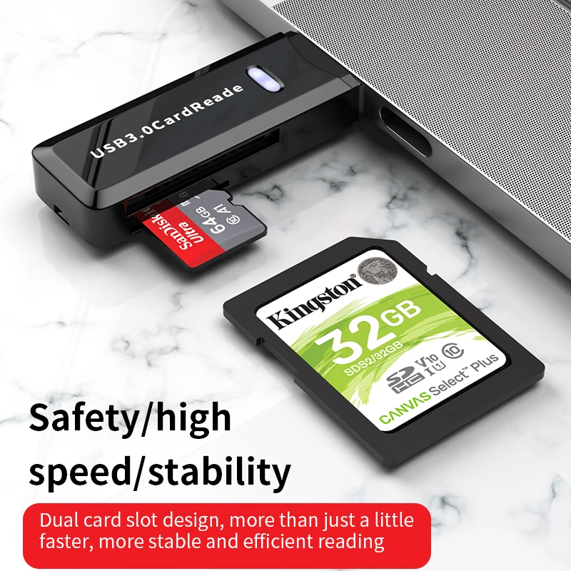 قارئ بطاقات SD محمول USB 3.0 ثنائي الفتحة بطاقة ذاكرة فلاش محول محور ل TF مايكرو SD ل ماك ويندوز لينكس كروم الكمبيوتر المحمول