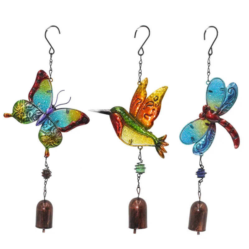 Wrought Iron Wind Chime Painted Glass Spray Paint Hummingbird Dragonfly Metal Pendant Home Decor 1Pc