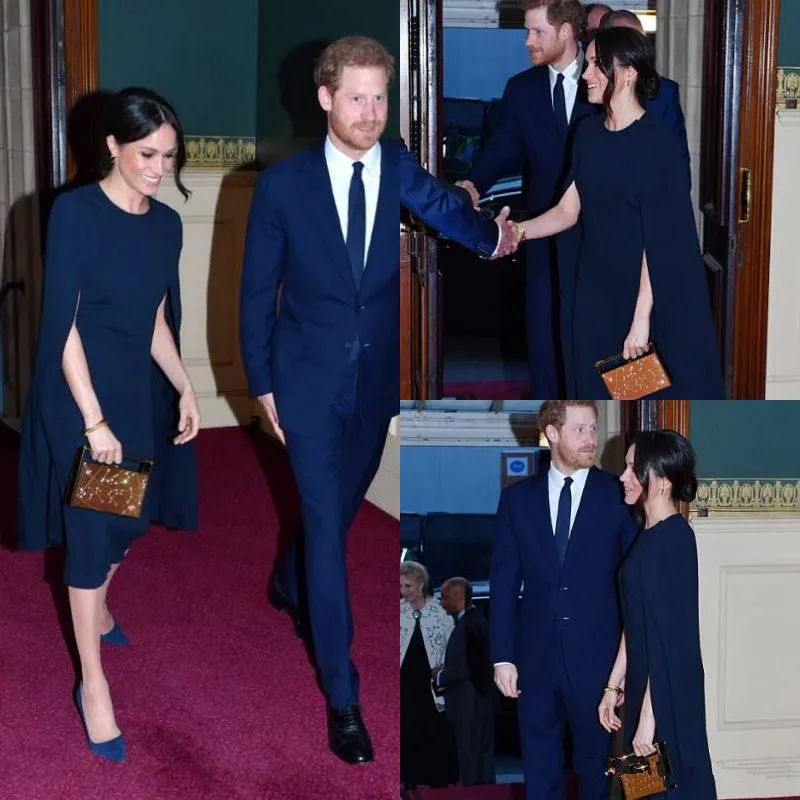 

New Meghan Markle Formal Evening Dresses with Cape Navy Blue Jewel Neck Tea-length Outfit Red Carpet Celebrity Porm Gowns