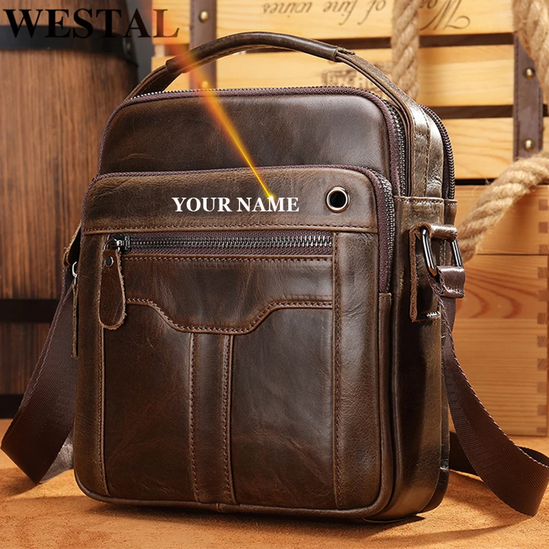 WESTAL Men\'s Bag Genuine Leather Shoulder Bag Husband Mid Party Bag for Man Messenger Crossbody Bags Leather Men Handbags 7013