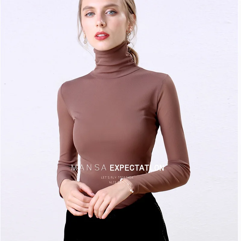 Jersey de cuello alto para mujer, blusa Sexy de manga larga, elástica, color rojo, Tops informales, novedad de otoño, 2019