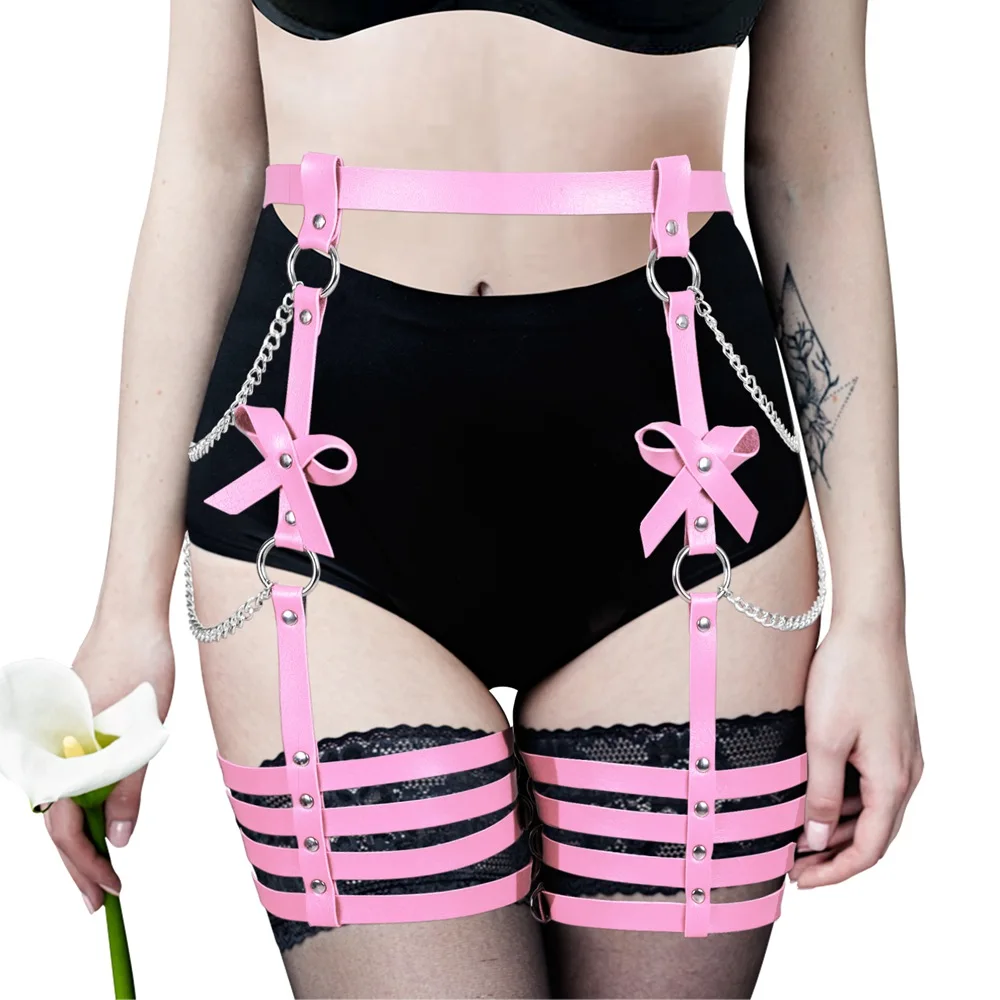 

Bdsm Harness For Women Sexy Lingerie Fetish Metal Chain Accessories Pink Bow Adjust Waist Bands Punk Goth Erotic Stocking Garter