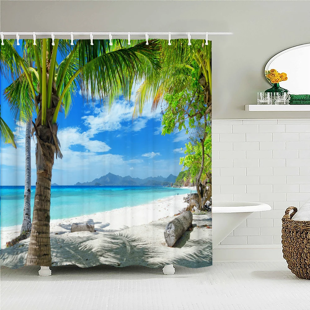 High Quality Sunny Beach Printed Fabric Shower Curtains Sea Scenery Bath Screen Waterproof Products Bathroom Decor with 12 Hooks