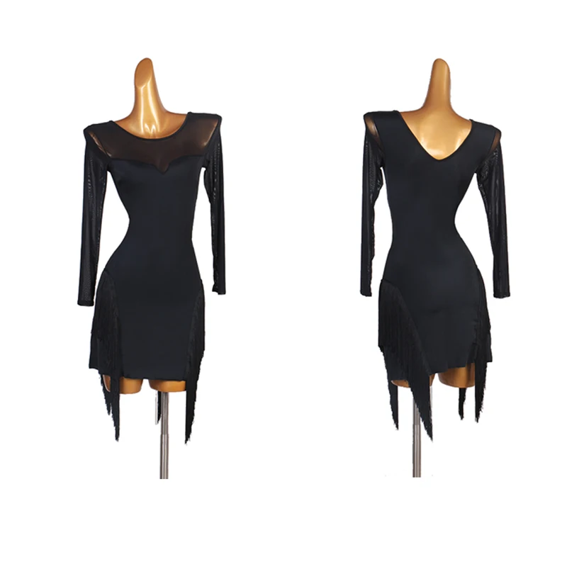 

Black Latin Competition Dance Skirt Women New Elegant Rumba Samba Tassel Dancing Wear Long Sleeve Standard Latin Skirt