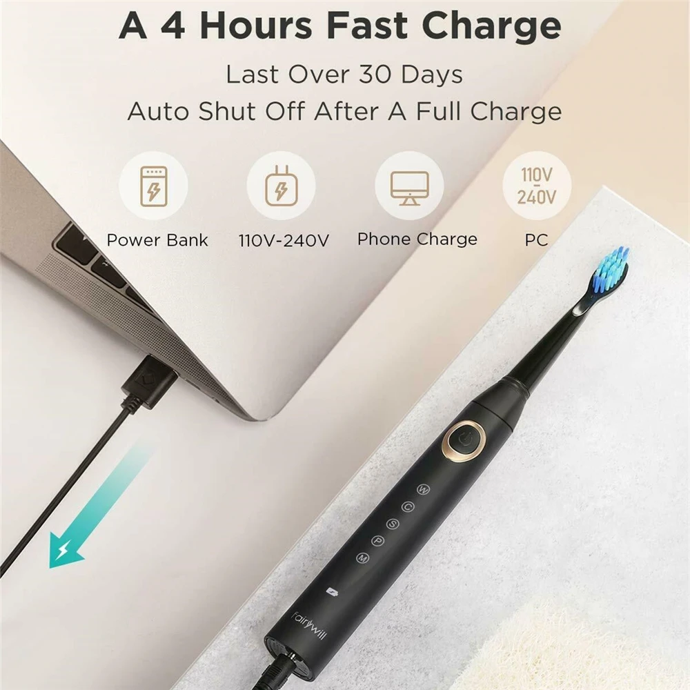 Fairywill Electric Sonic Toothbrush Waterproof 5 Modes USB Charge Rechargeable Adult 8 Brushes Replacement Heads Toothbrush Gift