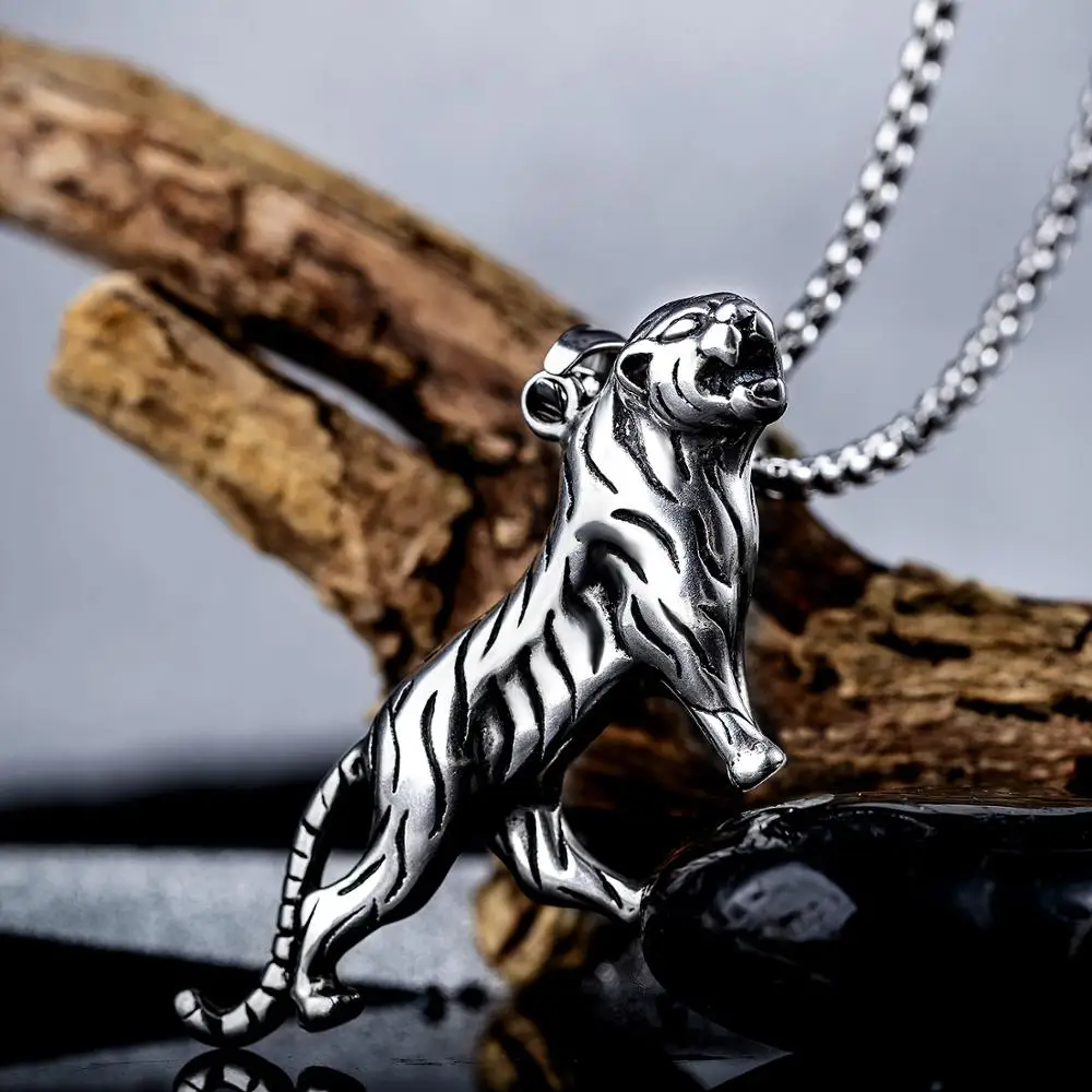 Punk Tiger Pendant Necklace for Men Stainless Steel Jewelry Link Chain Vintage Jewelry