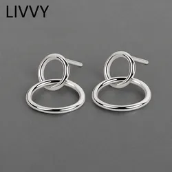 LIVVY Silver Color Fashion Geometric Double Circle Stud Earrings For Women High-Quality Exquisite Elegant Jewlery