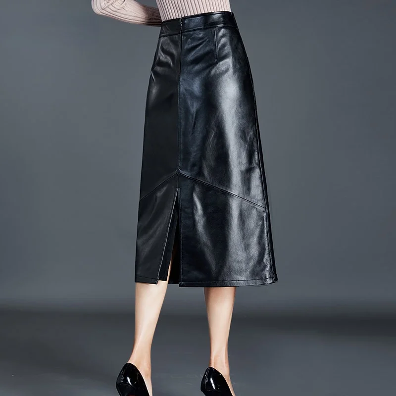 AYUNSUE 100% Sheepskin Leather Skirt Women's Clothes Genuine Leather Skirts Elegant Black Skirt Spring and Autumn Jupe Femme