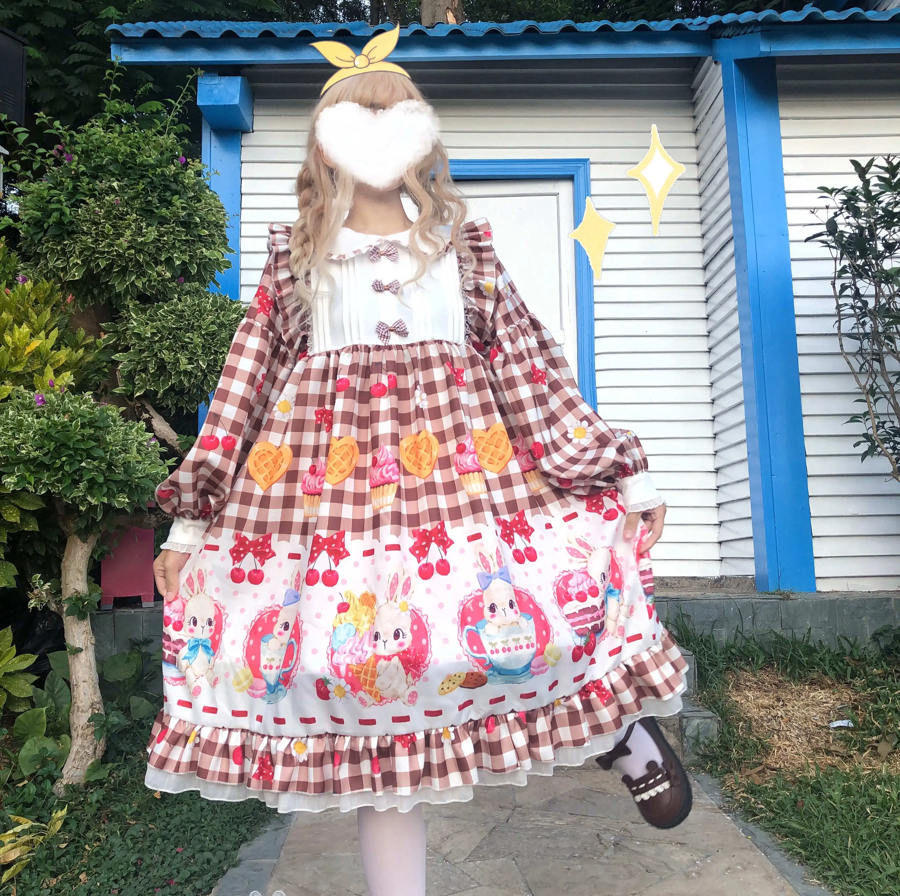 Kawaii Lolita dress Princess Missy afternoon tea daily soft sister cute rabbit long-sleeved plaid dress women autumn winter