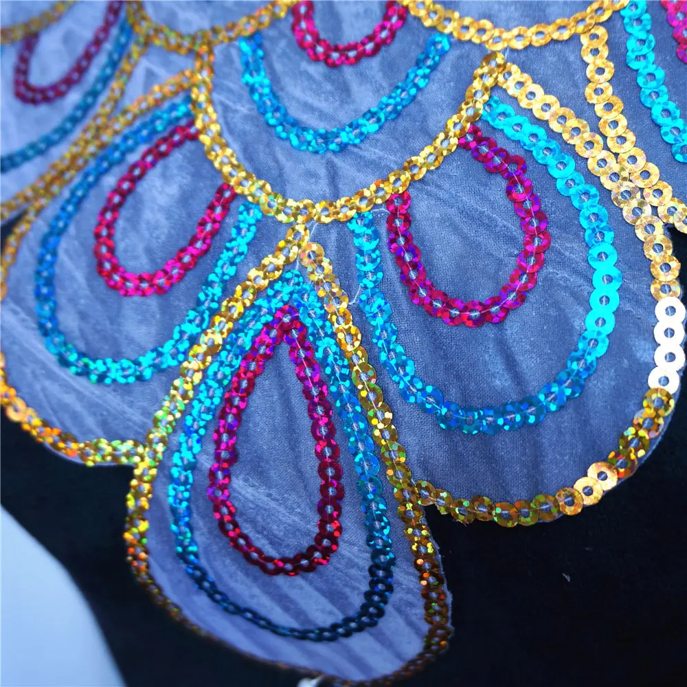 Gold Pink Blue Sequin Peacock Feather Fabric Collar Embroidered Appliques Iron Sew On Patches For Wedding Decoration Dress DIY